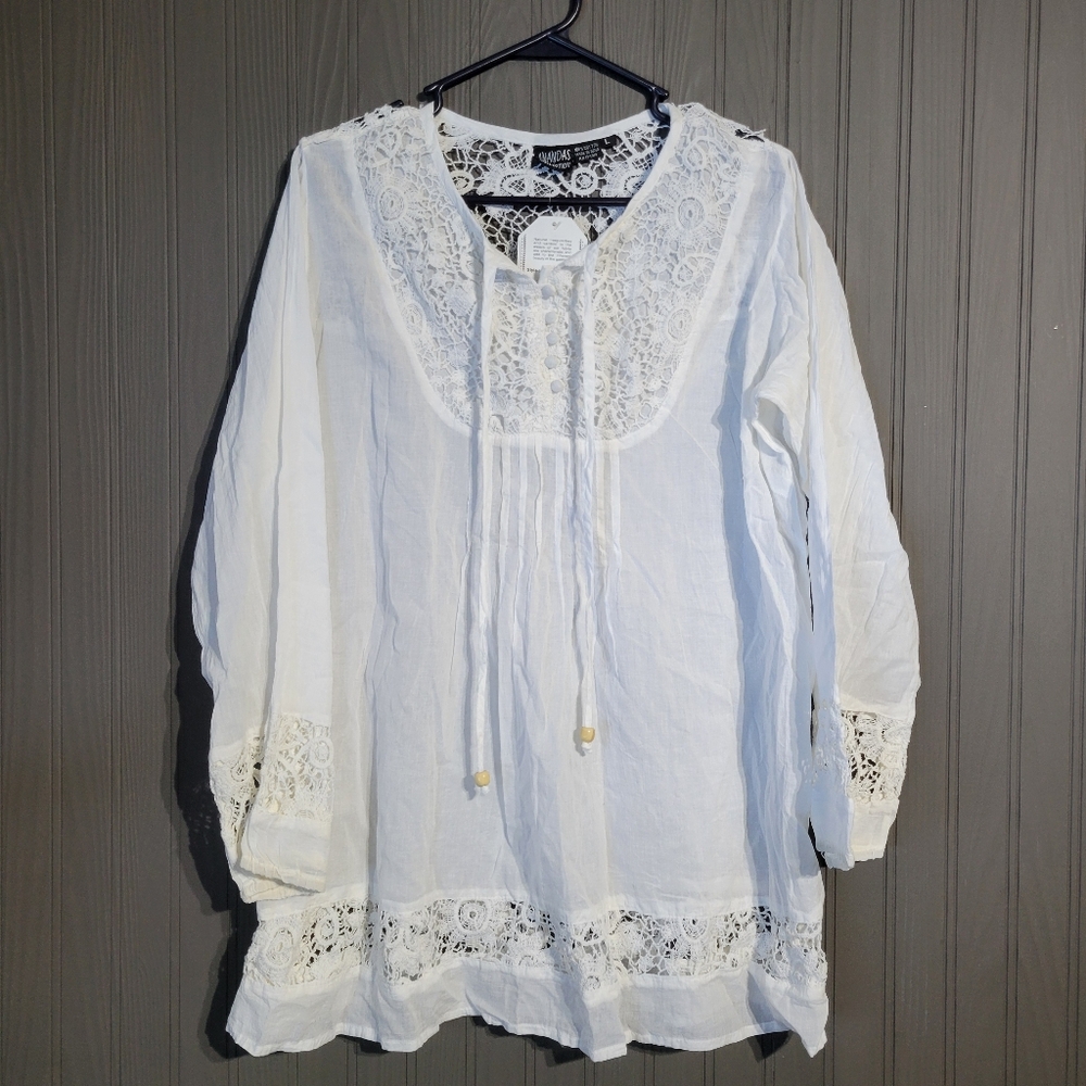 NWT Anandas Collection Boho Long Sleeve Shirt Top Lace Detail White Women's L